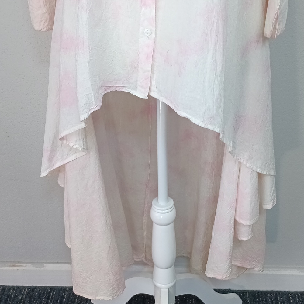 Women's Pink / White High Low Button Down Long Sleeve Flowy Top Sz L Coquette - Picture 7 of 14